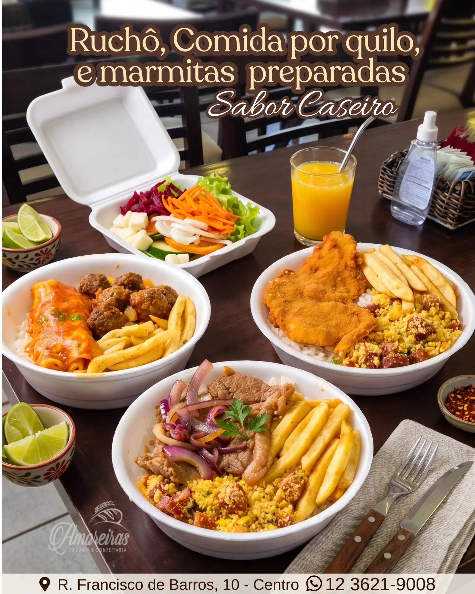 Comida por quilo e marmitas caseiras da Padaria Amoreiras em Taubaté