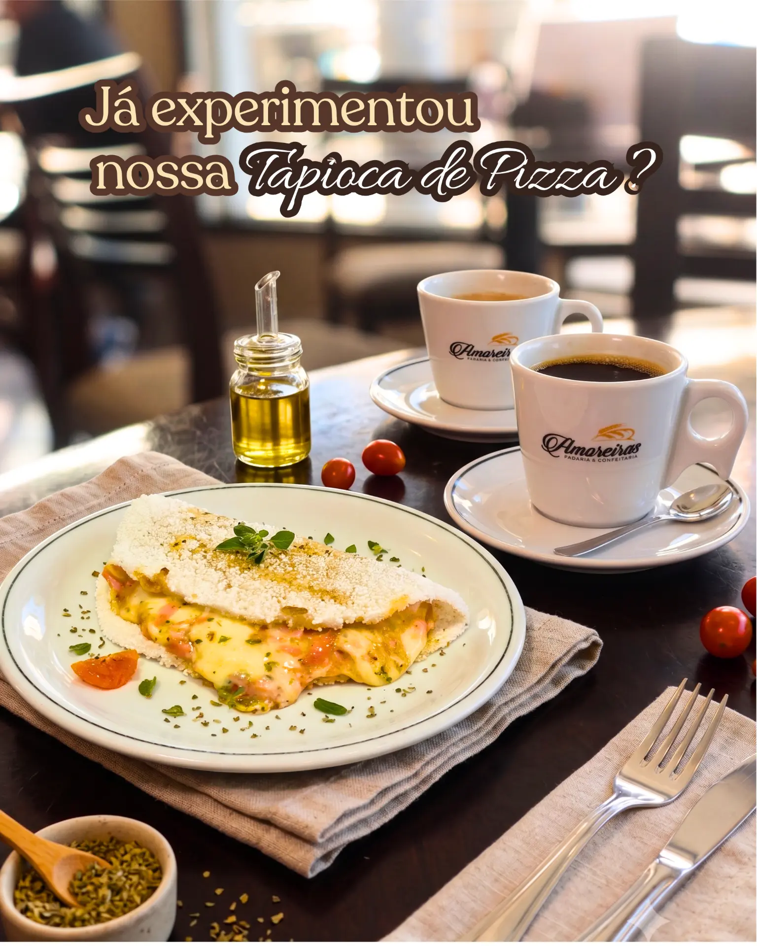 Tapioca de pizza com café especial na Padaria Amoreiras em Taubaté